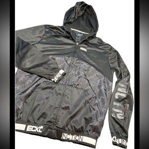 Ecko Function Black white Hooded Zip  Up Athletic Silk Jacket Spellout Mens Med